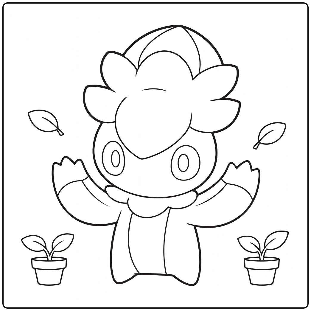 Pokemon Fomantis kleurplaat met bladeren en planten
