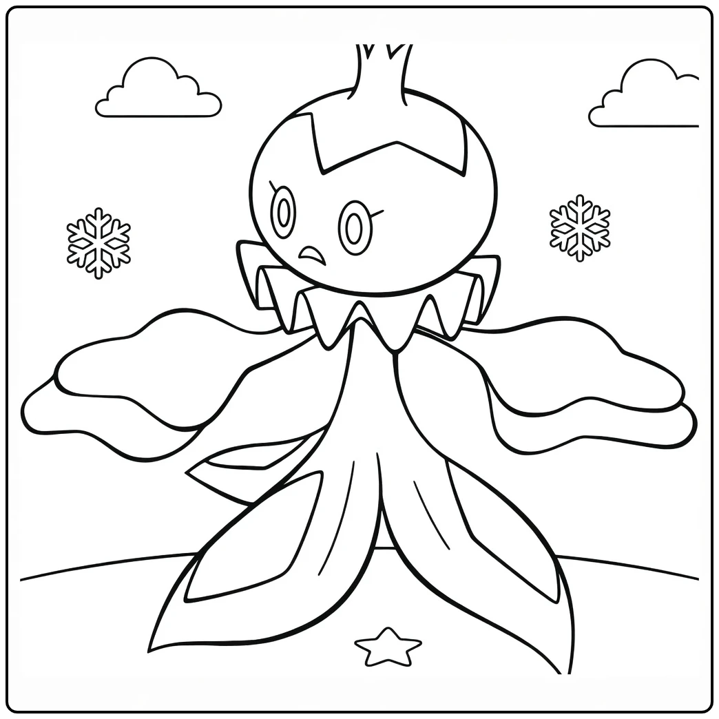 Pokemon Frillish kleurplaat met sneeuwvlokken en wolken