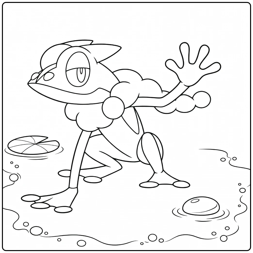 Pokemon Frogadier kleurplaat zwaaiend op lelieblad