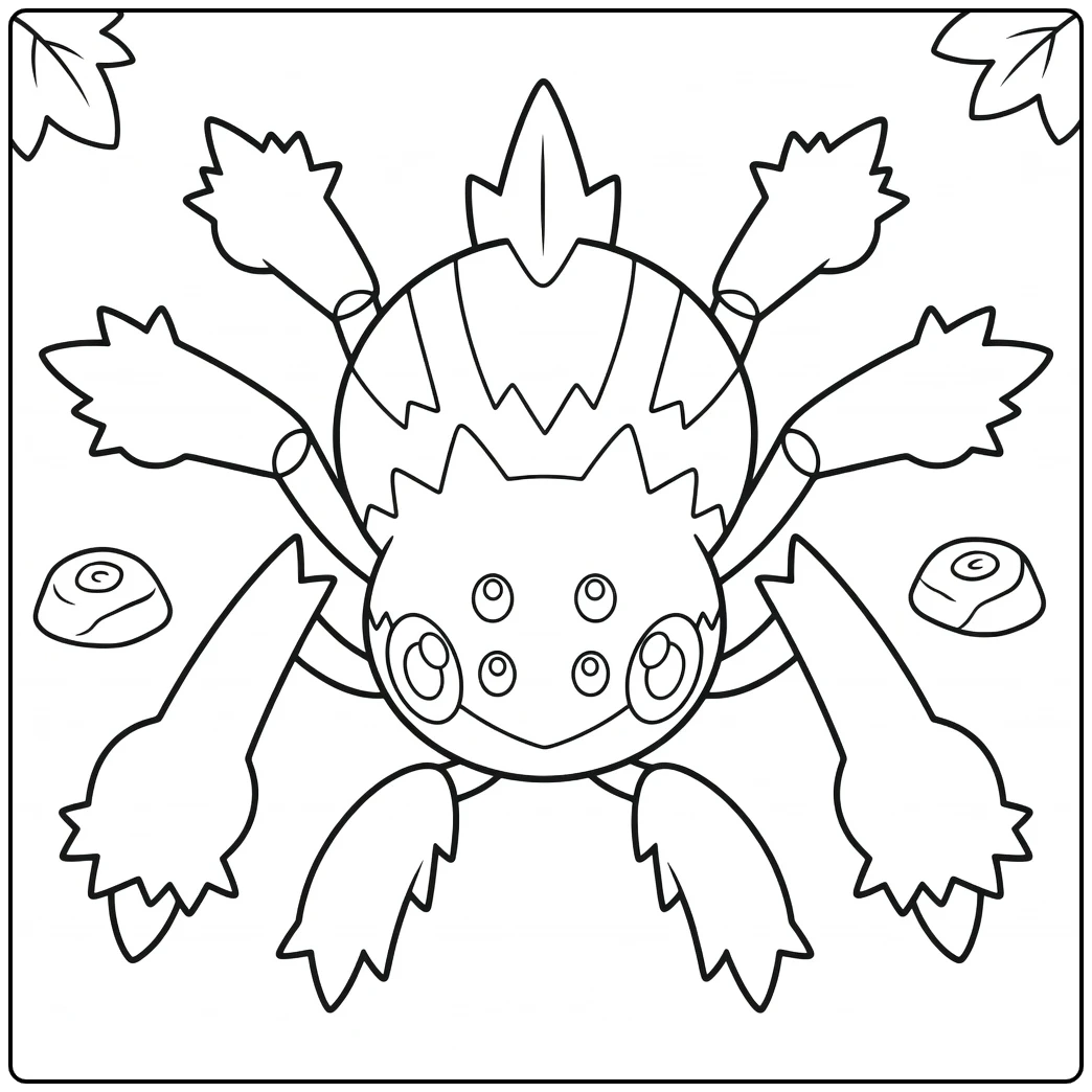 Pokemon Galvantula kleurplaat met bladeren en paddestoelen