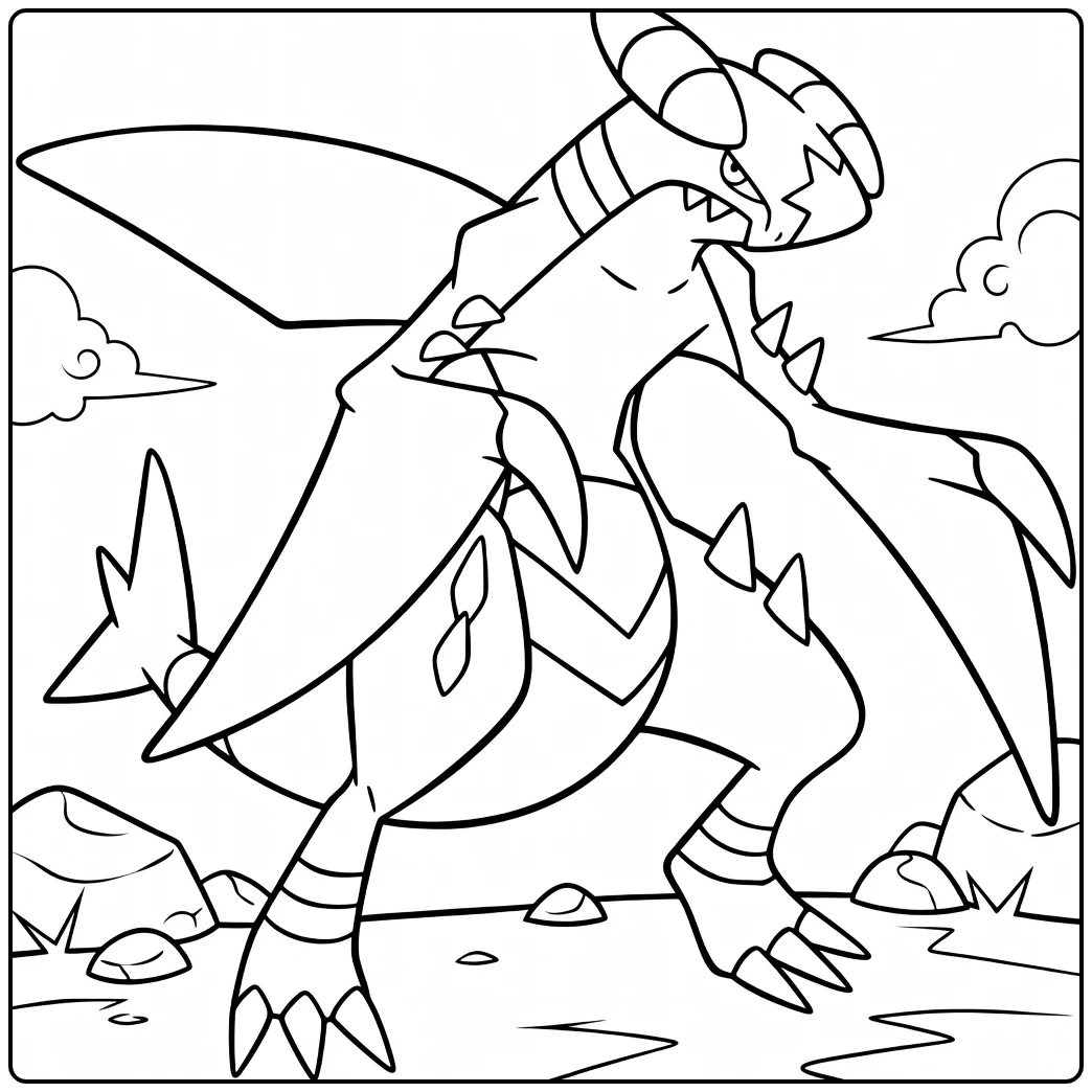 Pokemon Garchomp kleurplaat: draak in actie met vleugels