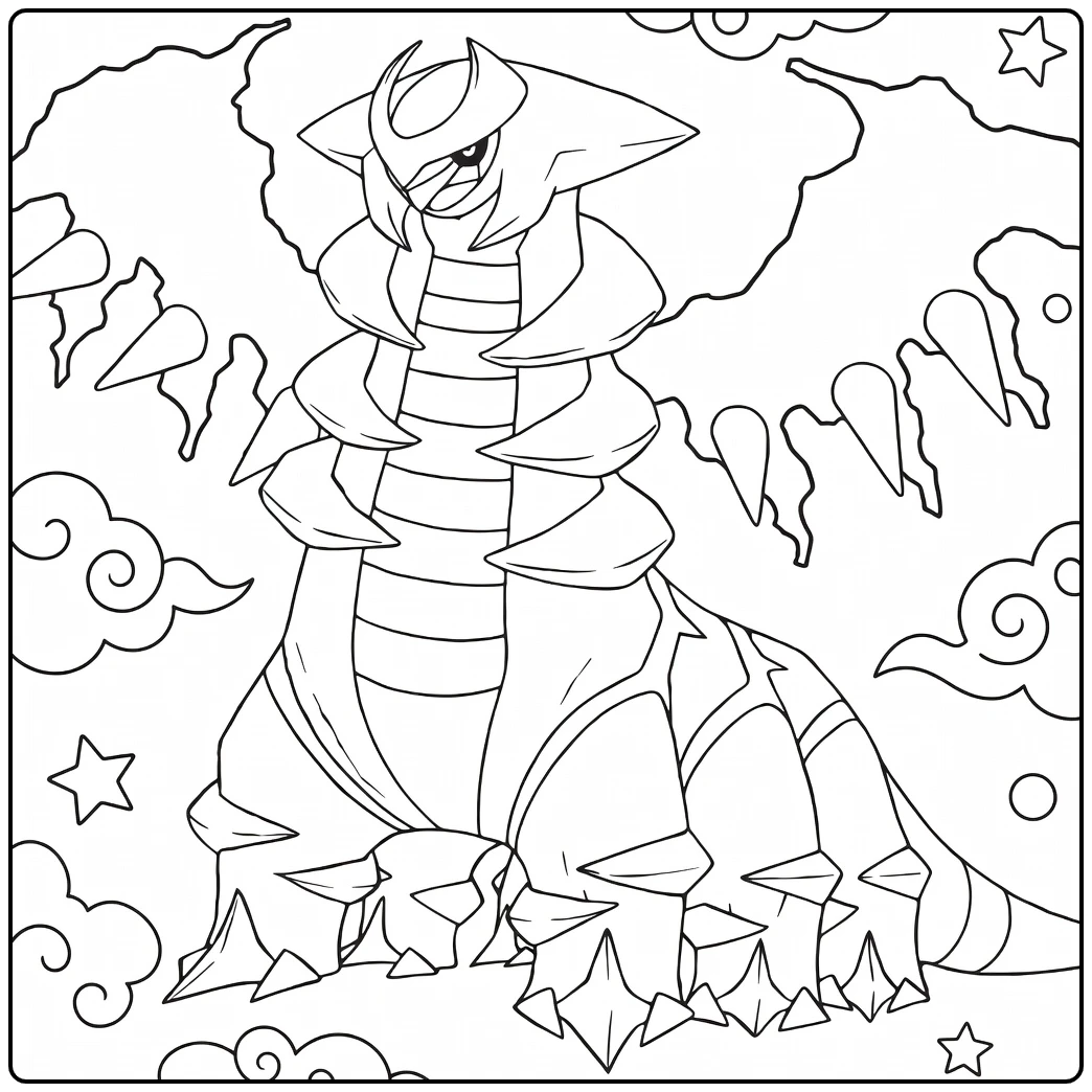 Pokemon Giratina kleurplaat: Origine-vorm met wolken en sterren