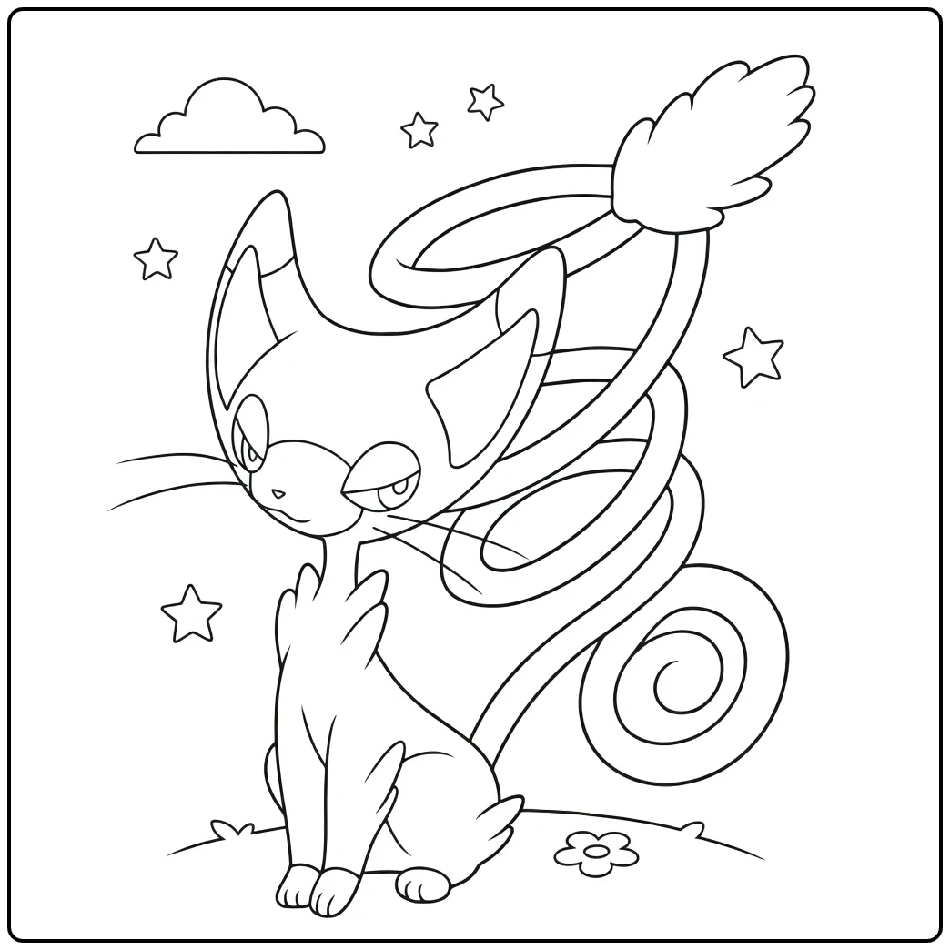 Pokemon Glameow kleurplaat met krulstaart en sterren