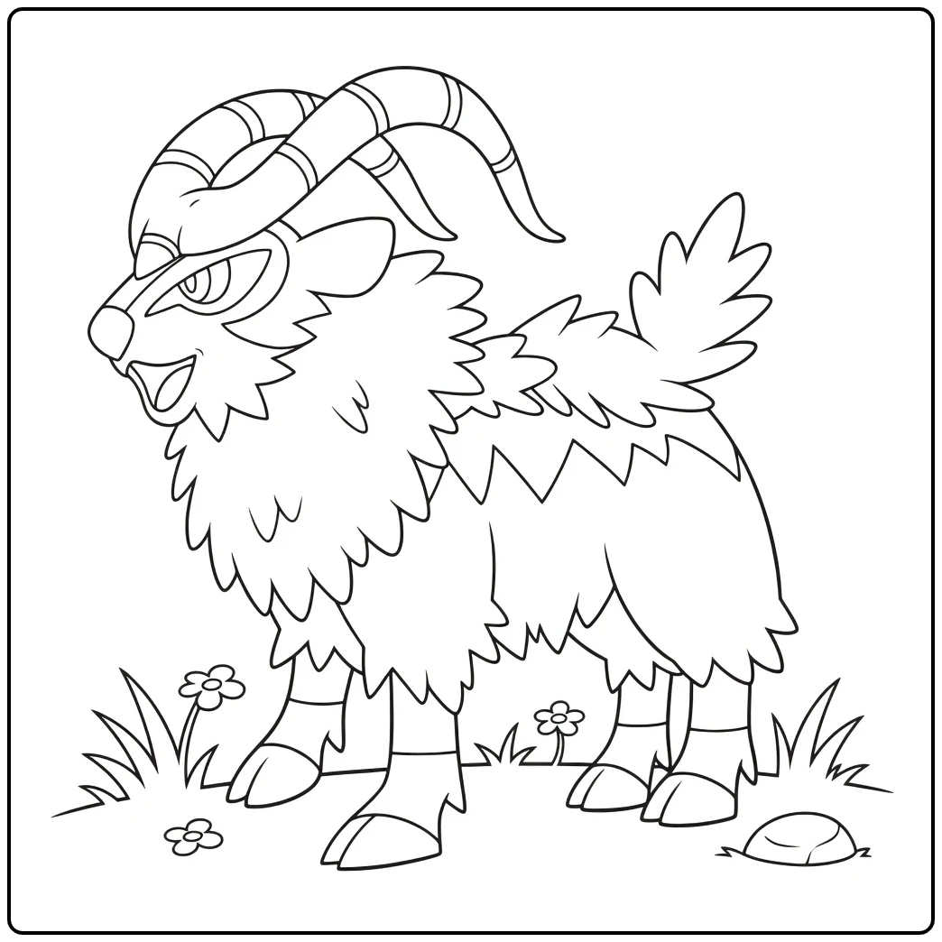 Pokemon Gogoat kleurplaat - stoere geit met hoorns en gras