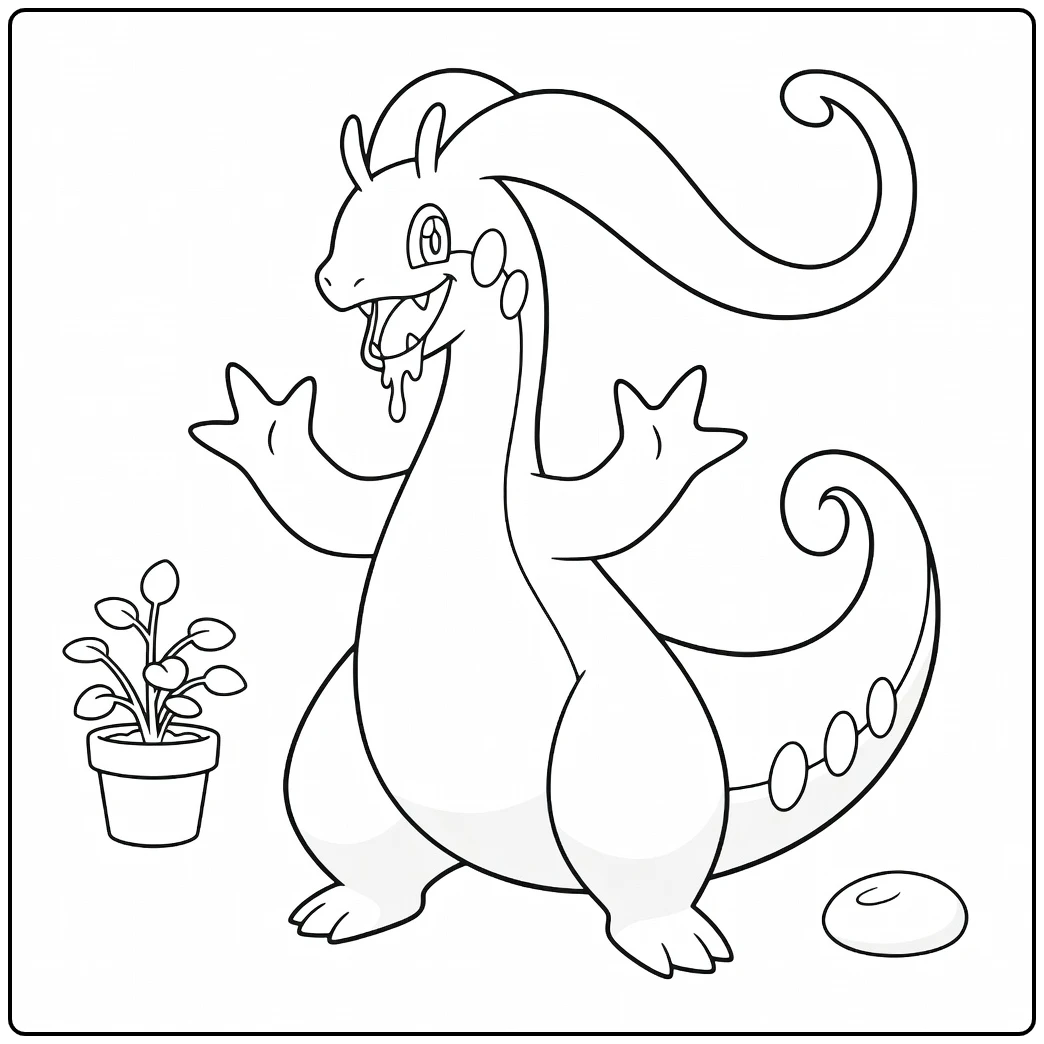 Pokemon Goodra kleurplaat: lachende draak met plant en ei
