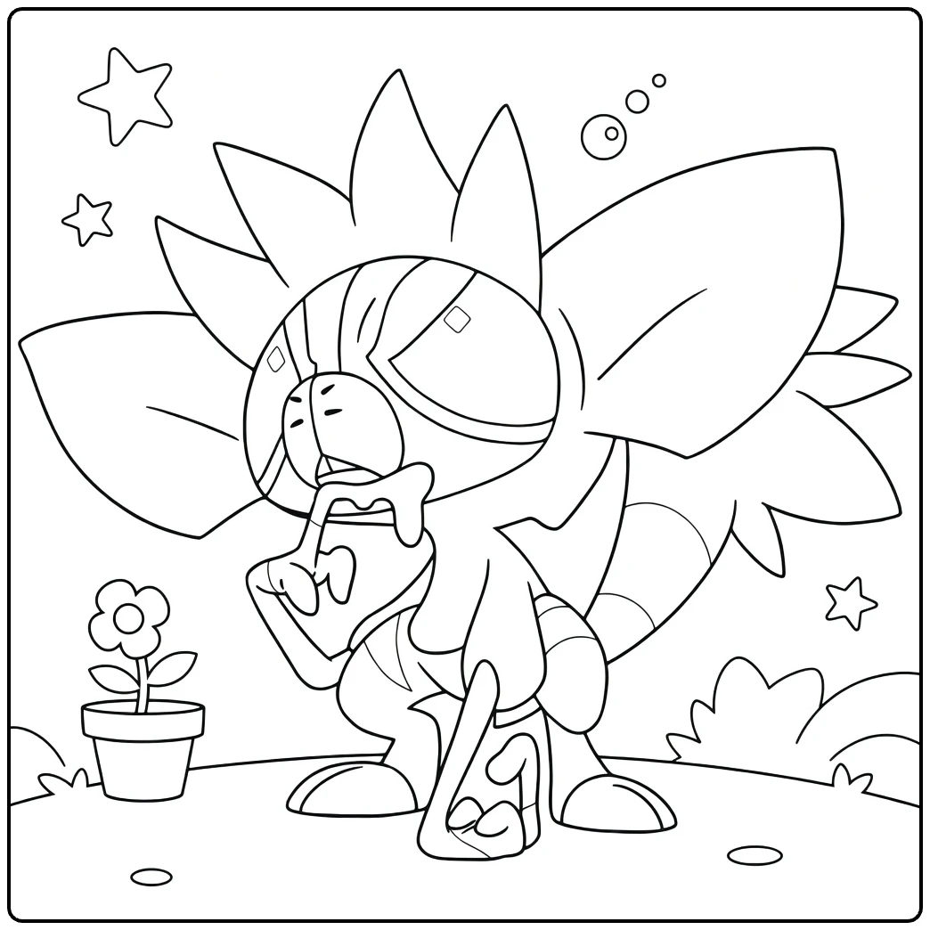 Pokemon Grafaiai kleurplaat met verfpot en bloempot