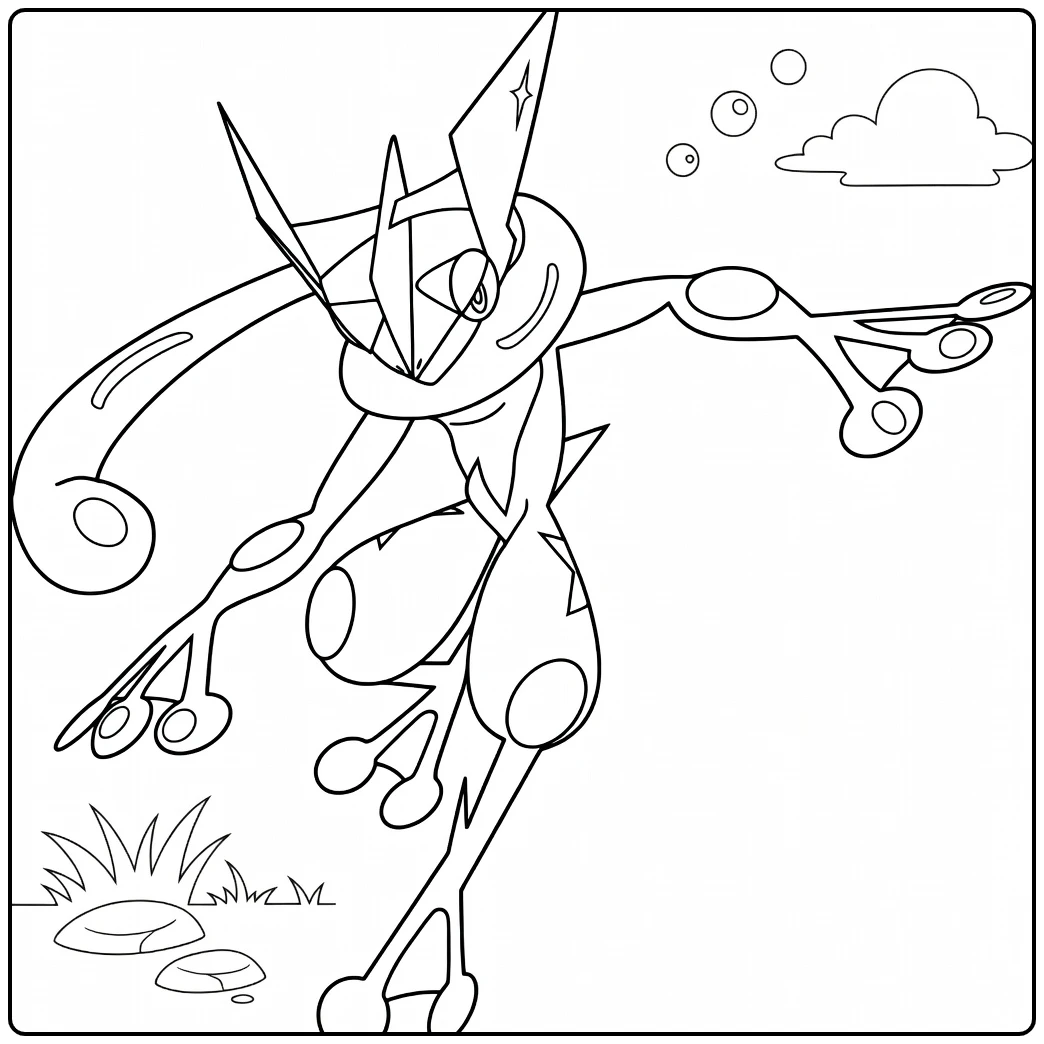 Pokemon Greninja kleurplaat in sprong met bubbels