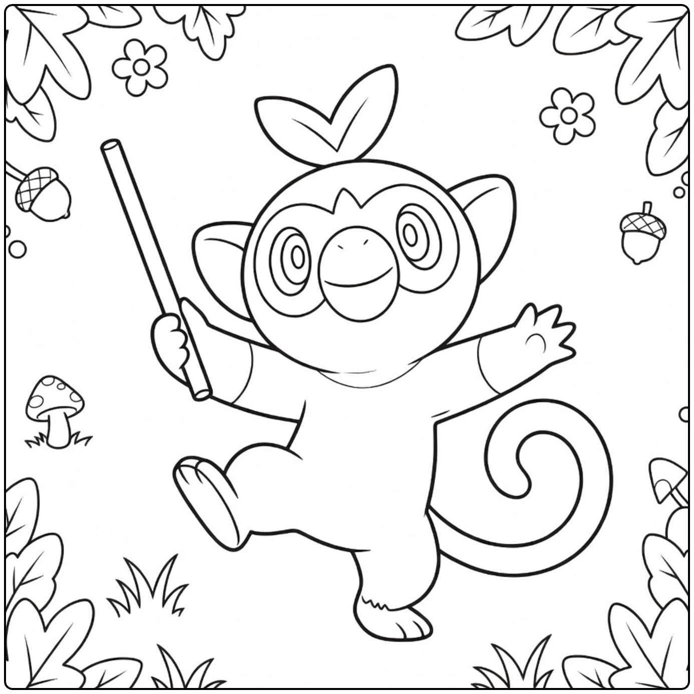 Pokemon Grookey kleurplaat: dansende Grookey met stok en blad
