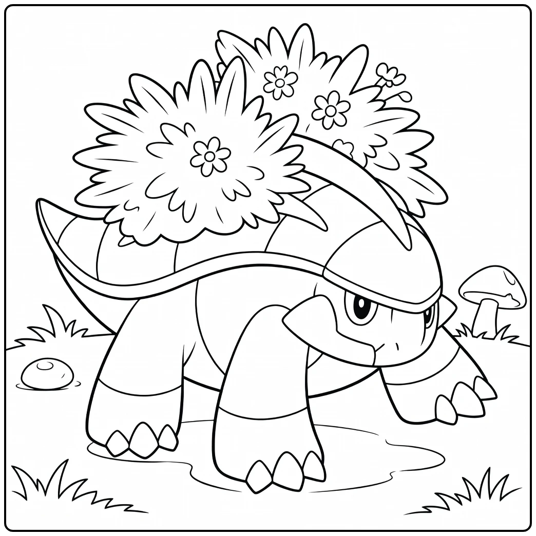 Pokemon Grotle kleurplaat met gras en bloemen
