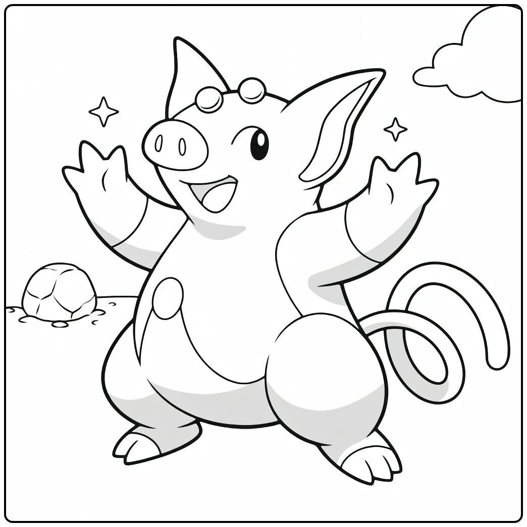 Pokemon Grumpig kleurplaat: blije Grumpig met sterren en bal