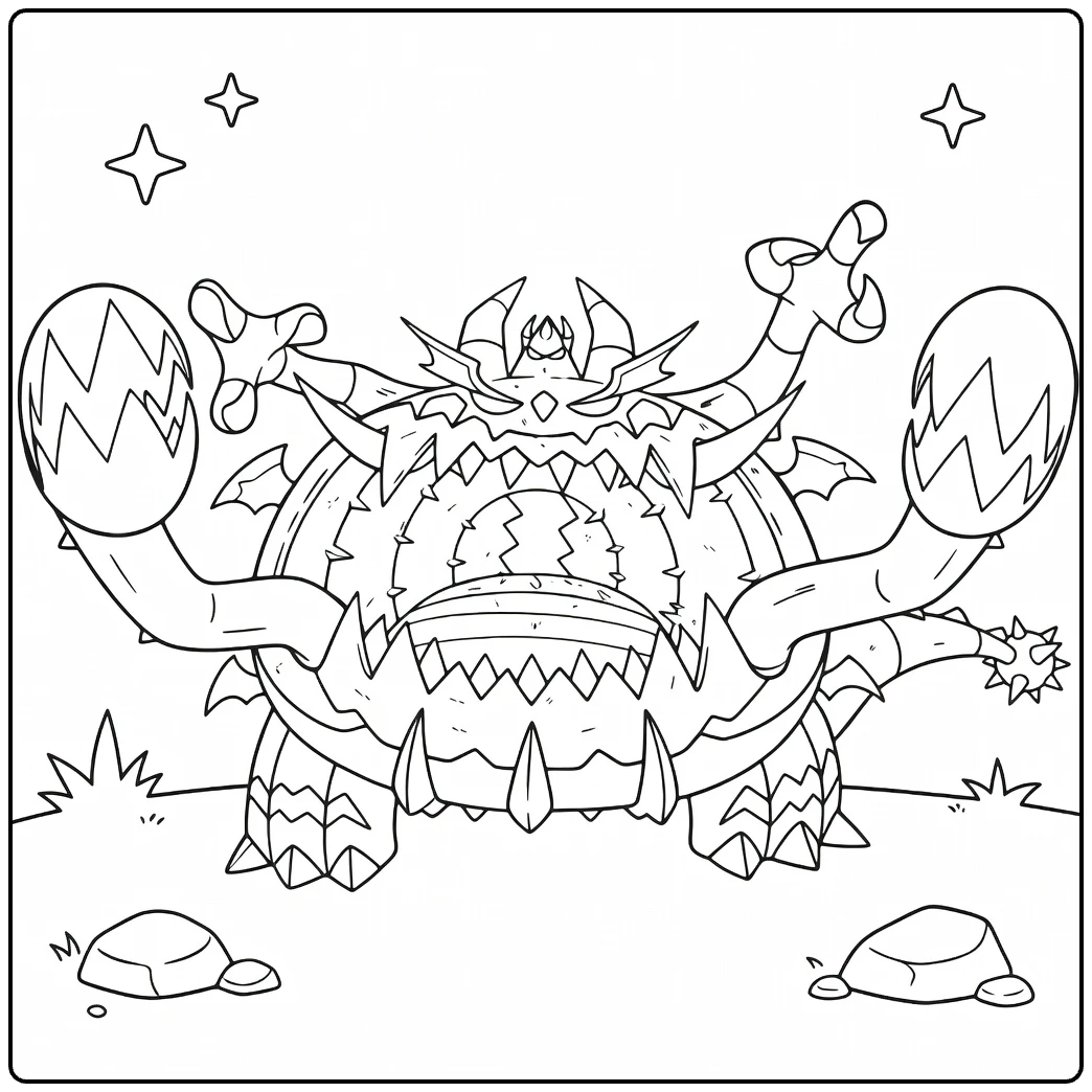 Pokemon Guzzlord kleurplaat met eieren en spikes