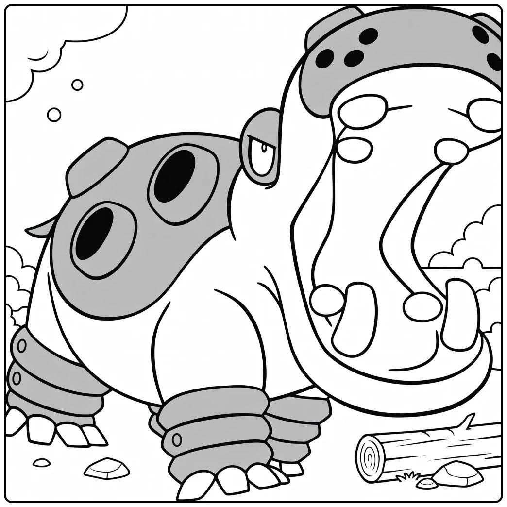 Pokemon Hippowdon kleurplaat: brullende hippo op rotsen
