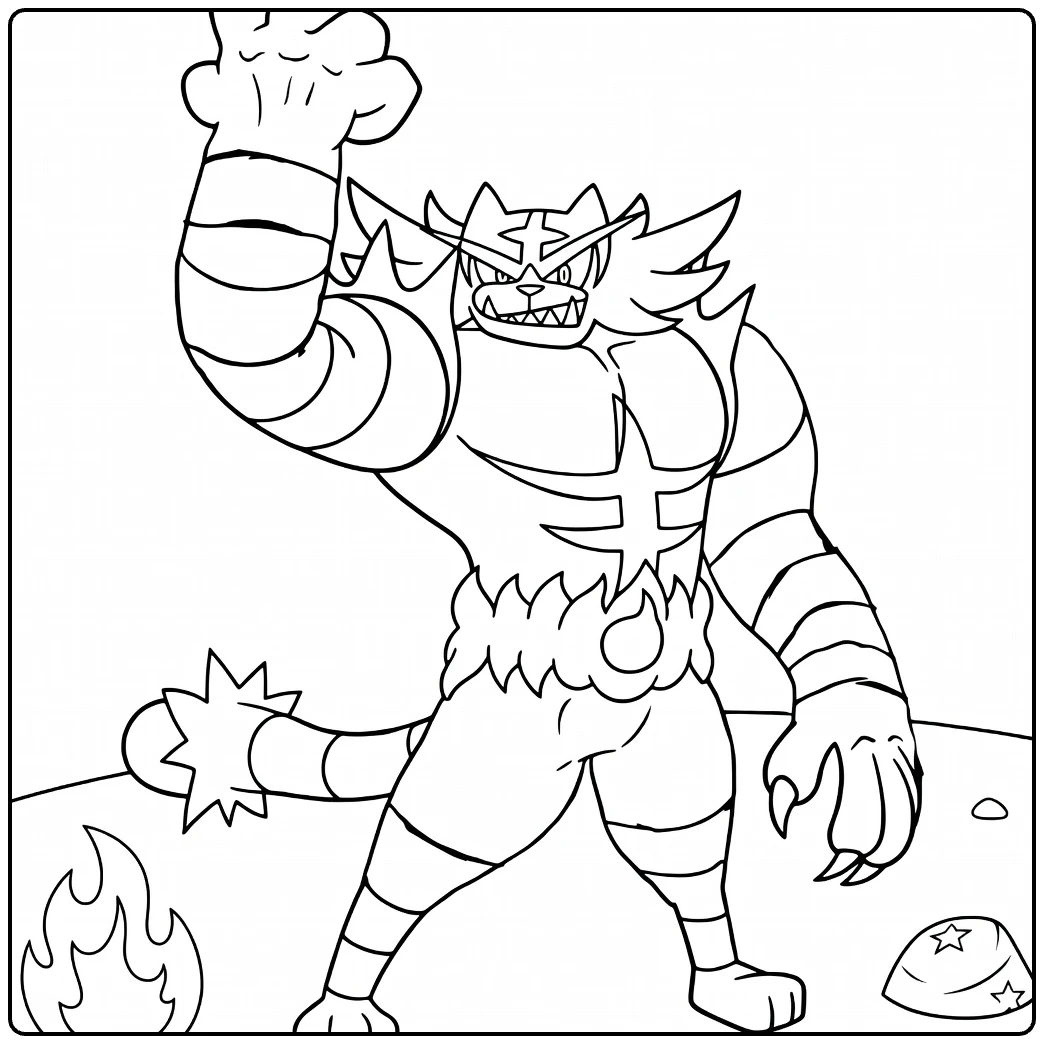 Pokemon Incineroar kleurplaat in krachtige pose met vuur