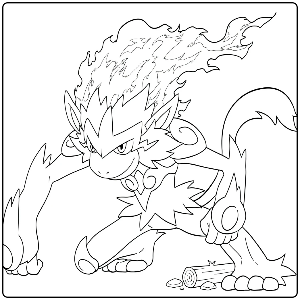 Pokemon Infernape kleurplaat in stoere vechtpose met vlammen