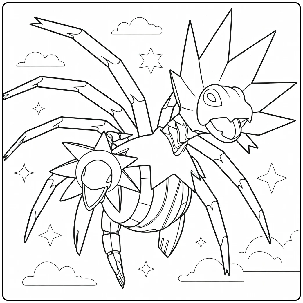 Pokemon Iron Jugulis kleurplaat met wolken en sterren