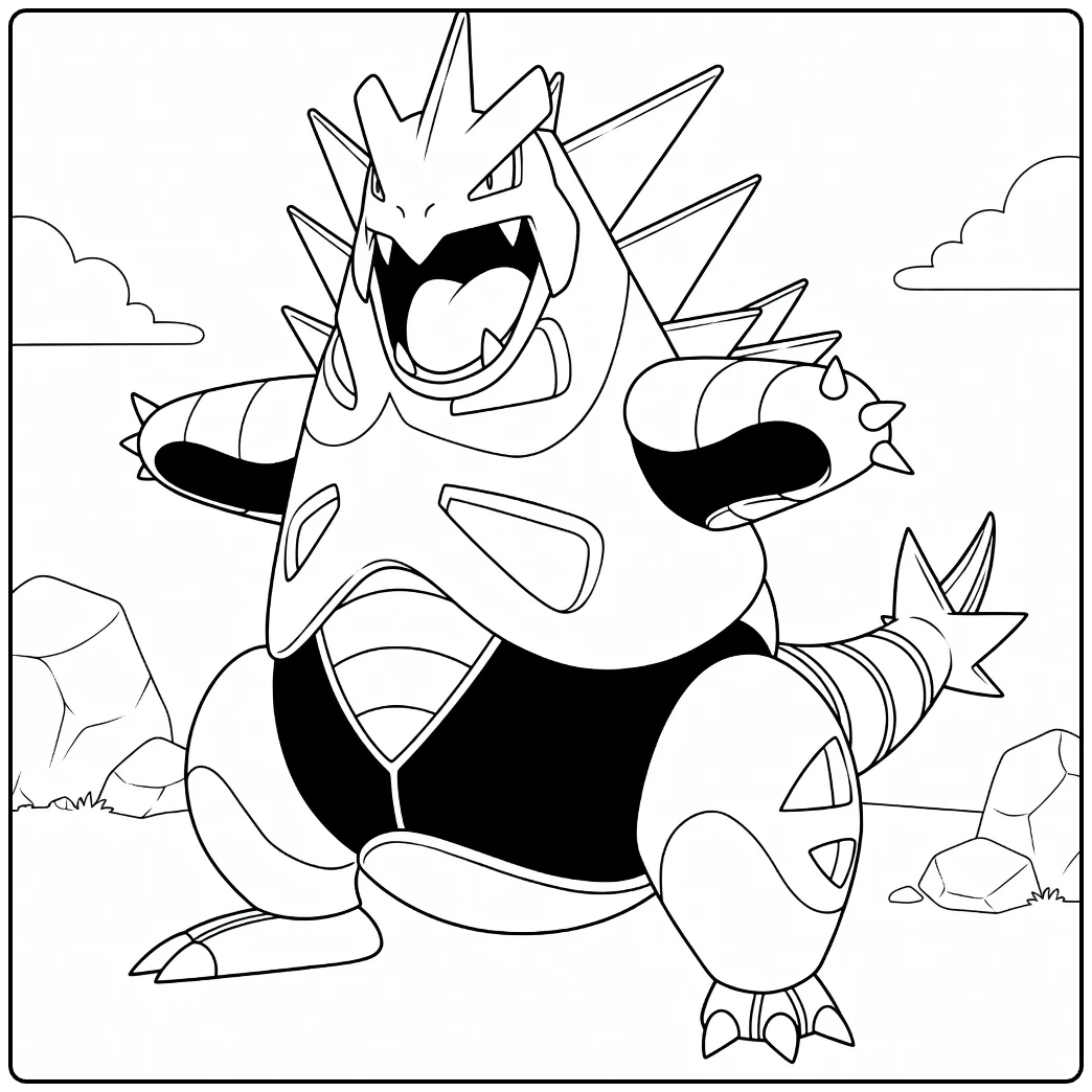 Pokemon Iron Thorns kleurplaat: brullende pokémon op rotsen