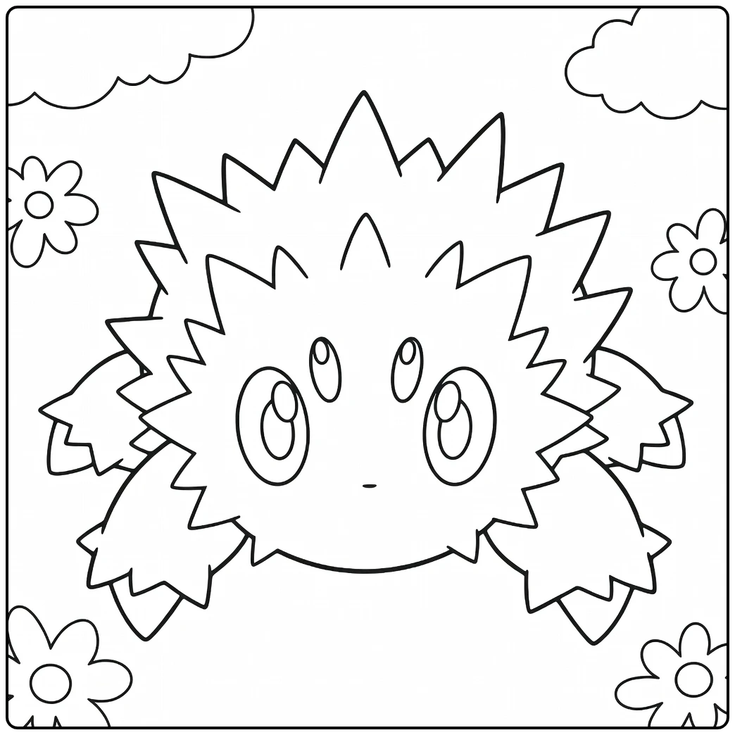 Schattige Pokemon Joltik kleurplaat met wolken en bloemen