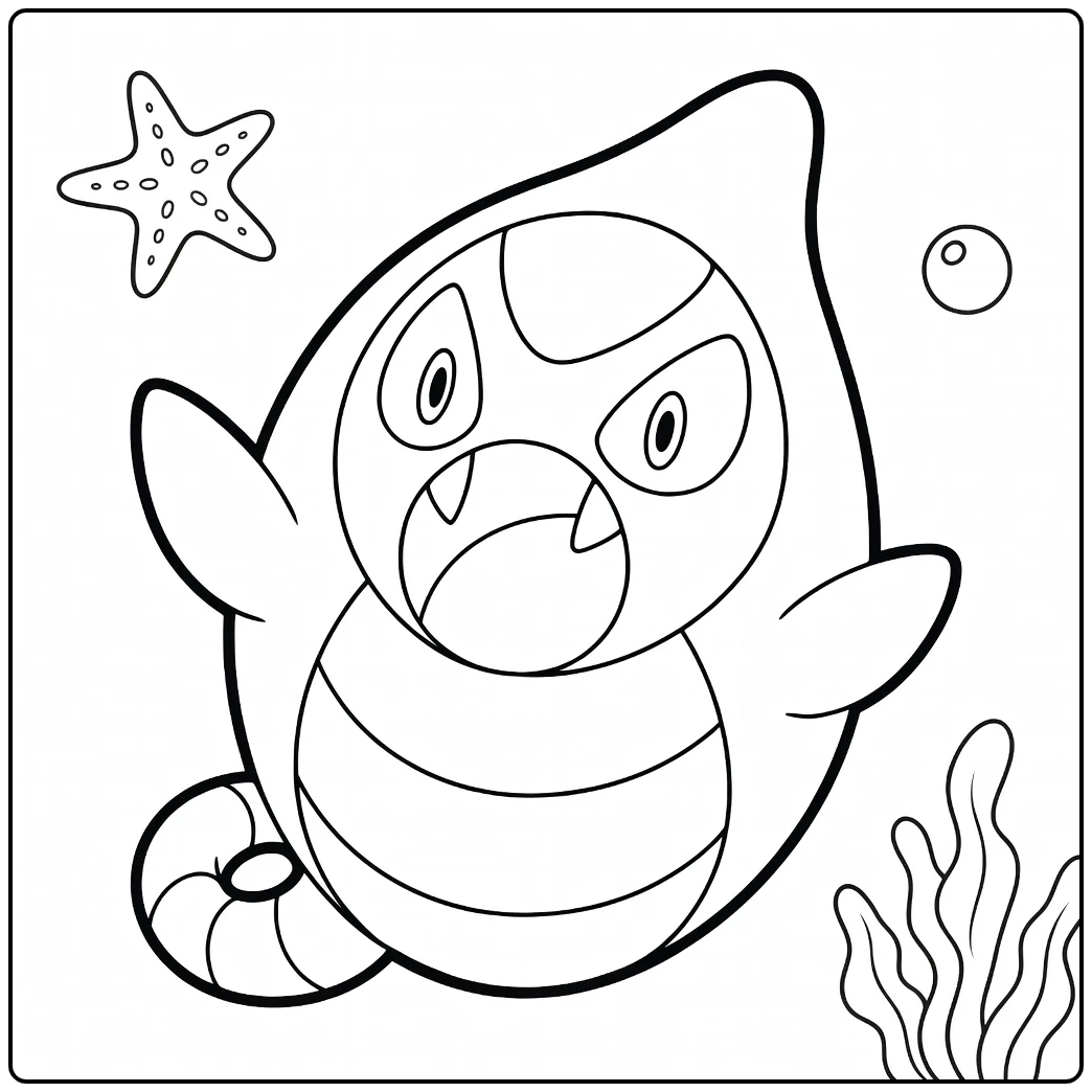 Pokemon Karrablast kleurplaat met zeester, bubbels, zeewier