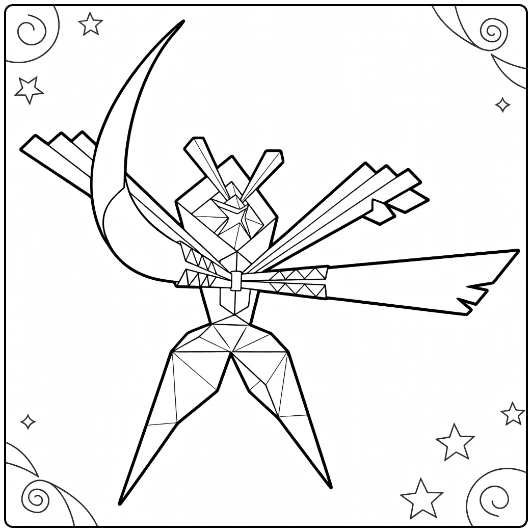 Pokemon Kartana kleurplaat met maan, sterren en geometrie