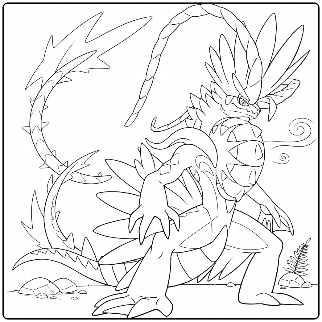 Pokemon Koraidon kleurplaat in dynamische draakpose