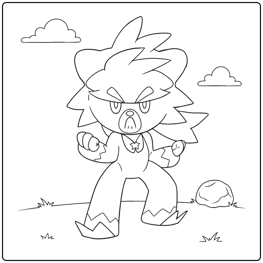 Pokemon Kubfu kleurplaat: boze vechtpose met wolken
