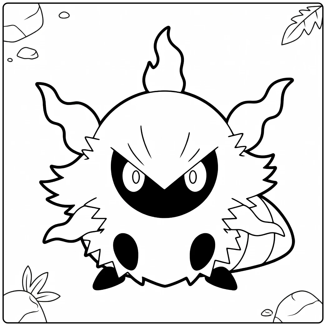 Pokemon Larvesta kleurplaat met vlammen en bladeren