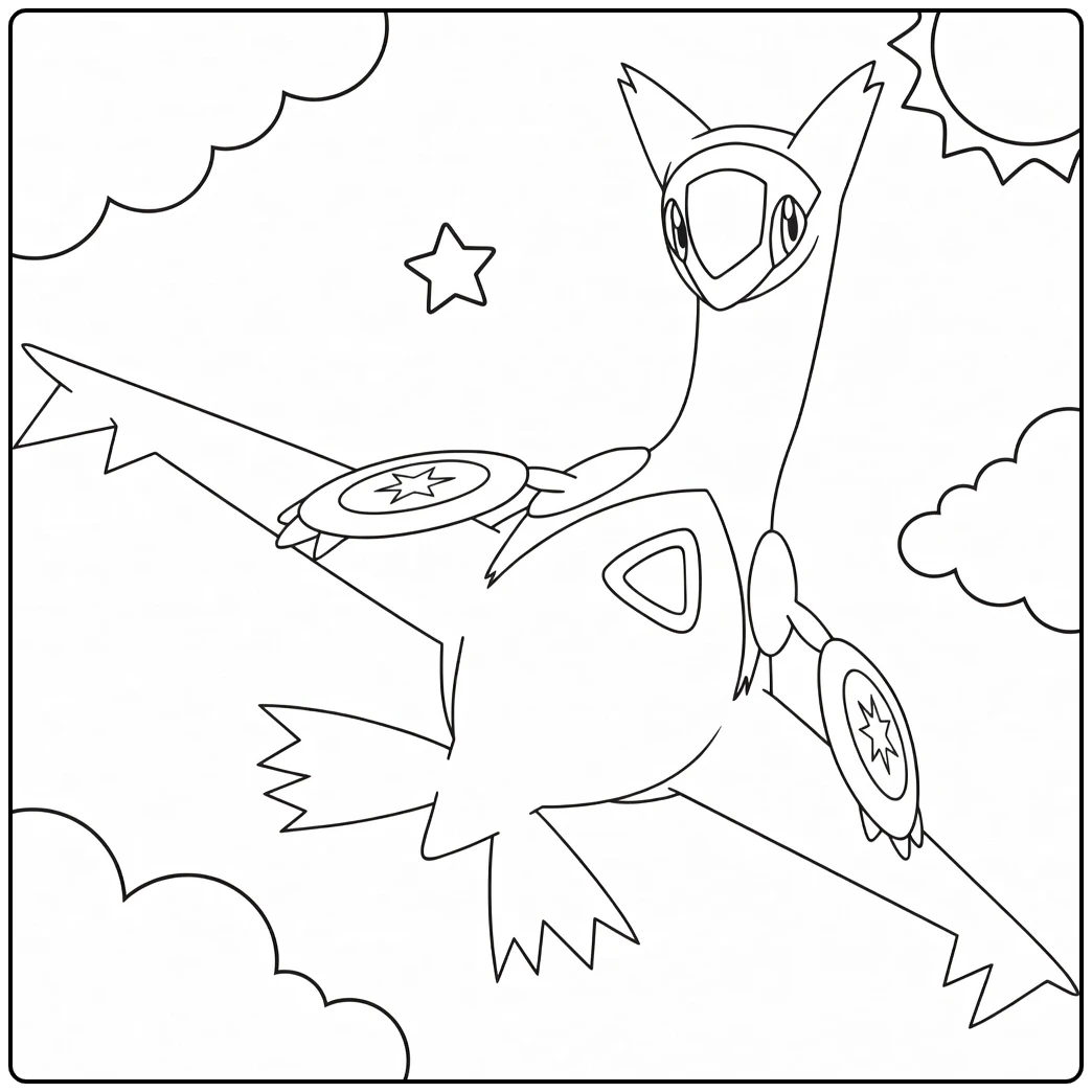Pokemon Latias kleurplaat vliegend met wolken en zon