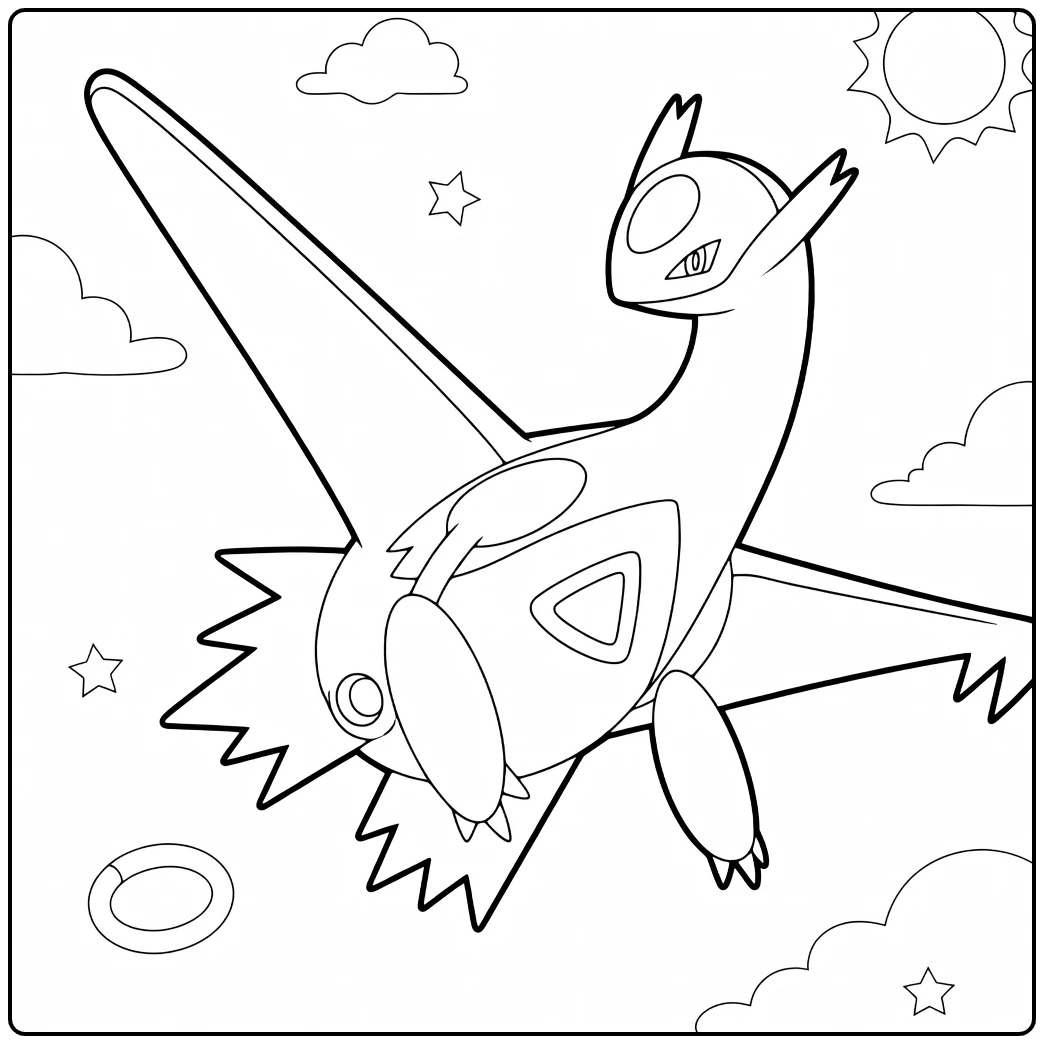 Pokemon Latios kleurplaat vliegend met zon wolken sterren