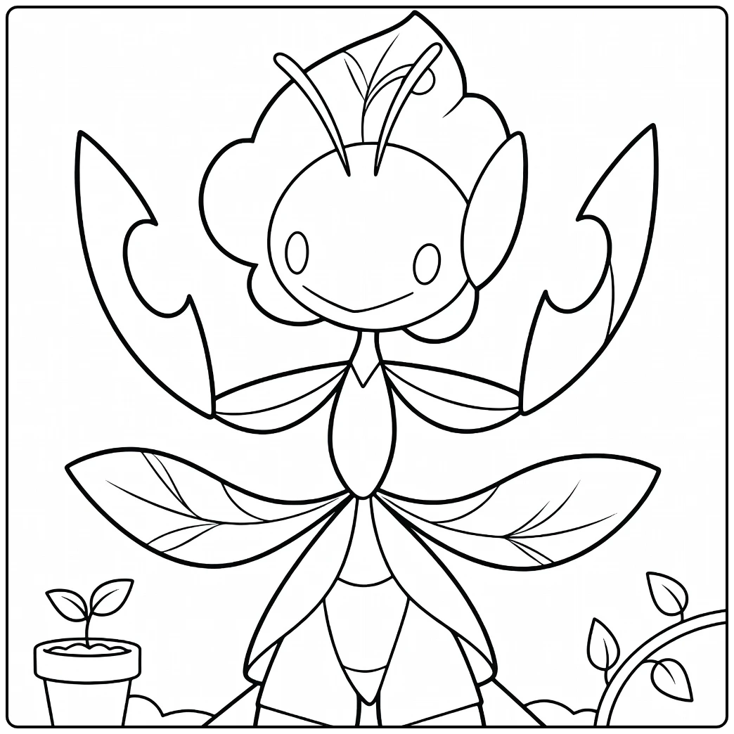 Pokemon Leavanny kleurplaat met bladvleugels en plant