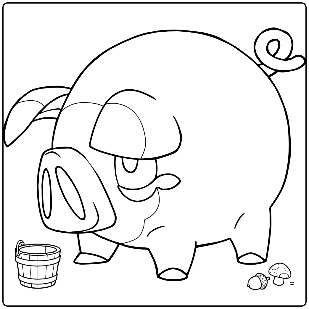 Pokemon Lechonk kleurplaat met emmer, eikels en paddenstoelen