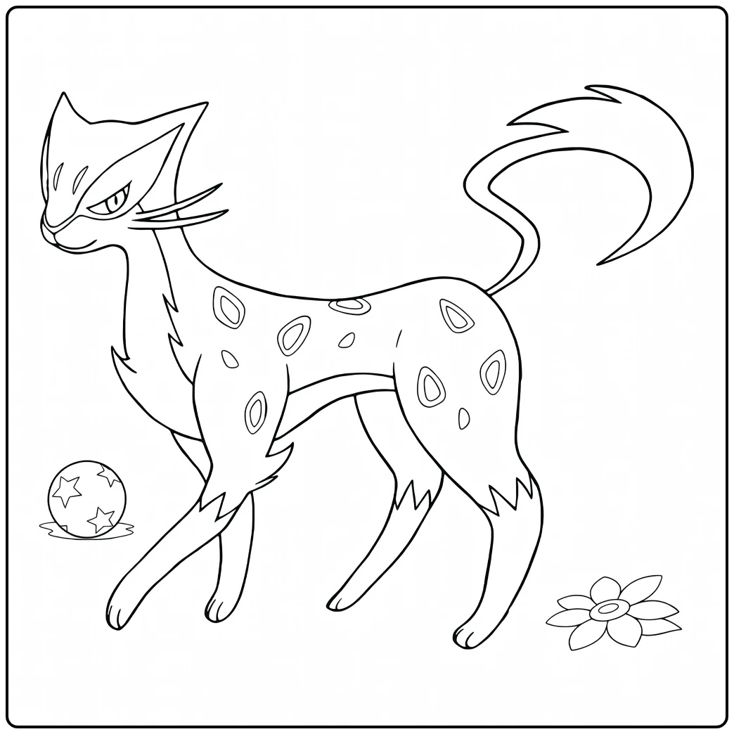 Pokemon Liepard kleurplaat met ster-Pokébal en bloem