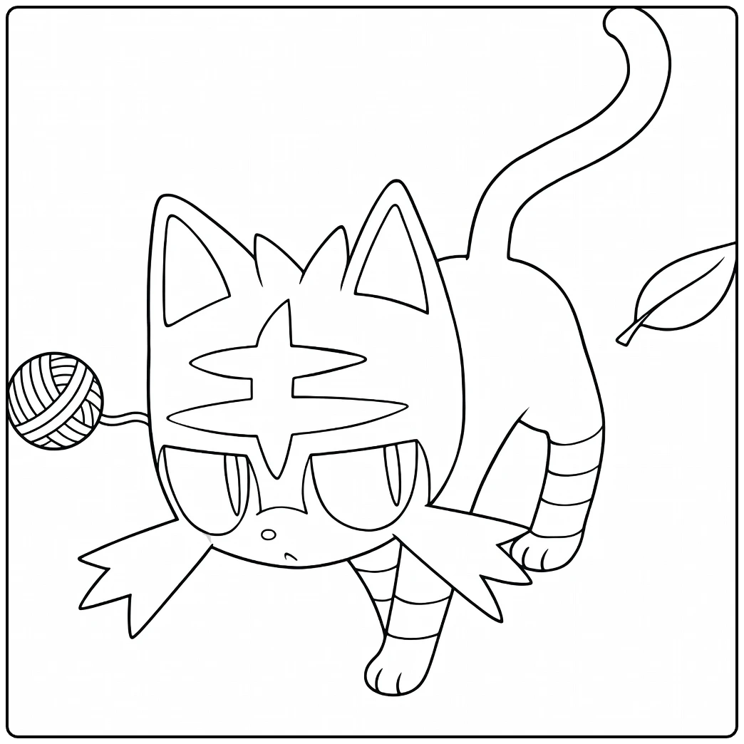 Pokemon Litten kleurplaat speelt met bol wol en bladeren
