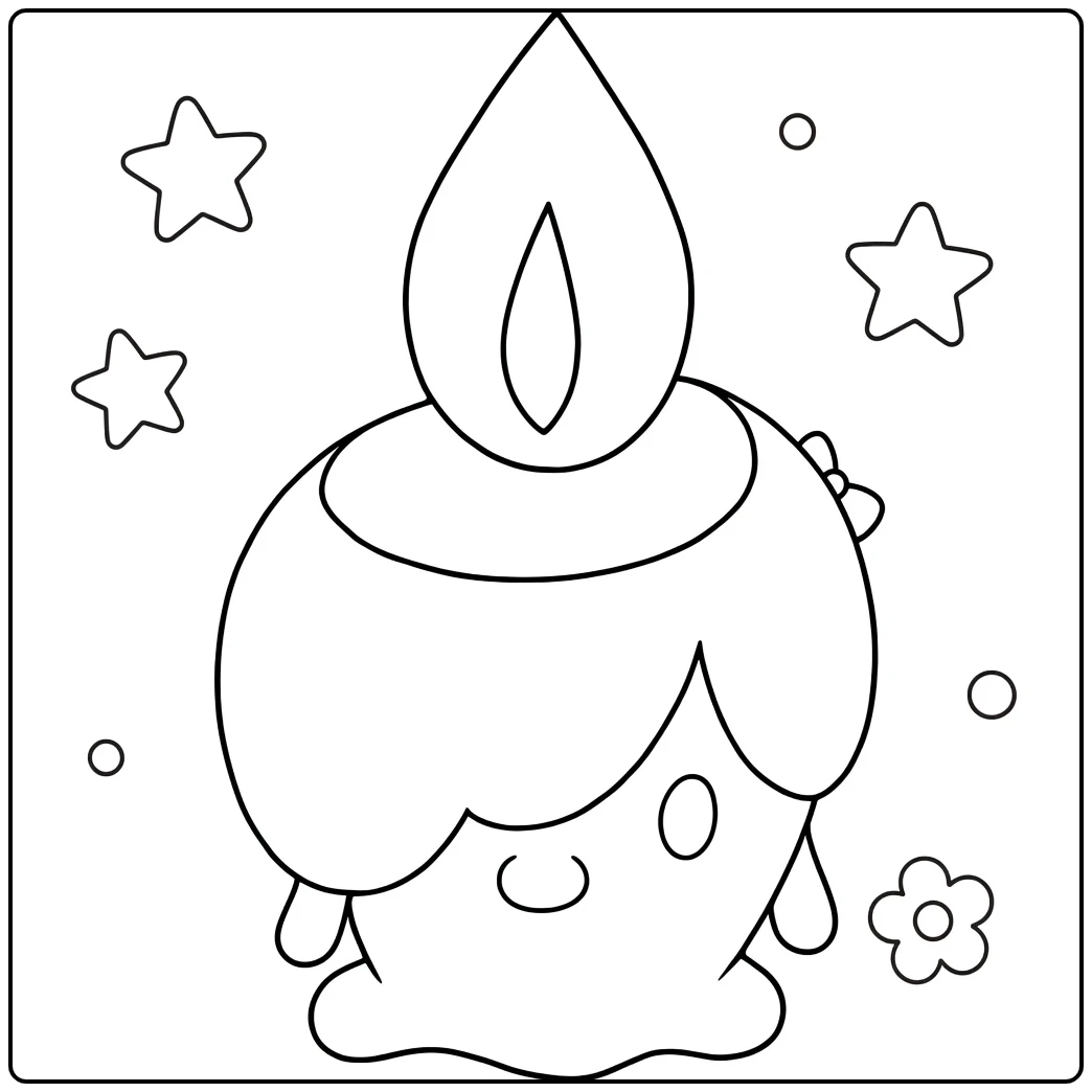 Pokemon Litwick kleurplaat met sterretjes, bloem en vlam