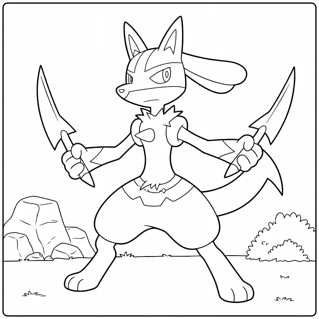 Pokemon Lucario kleurplaat in stoere vechtpose met zwaarden