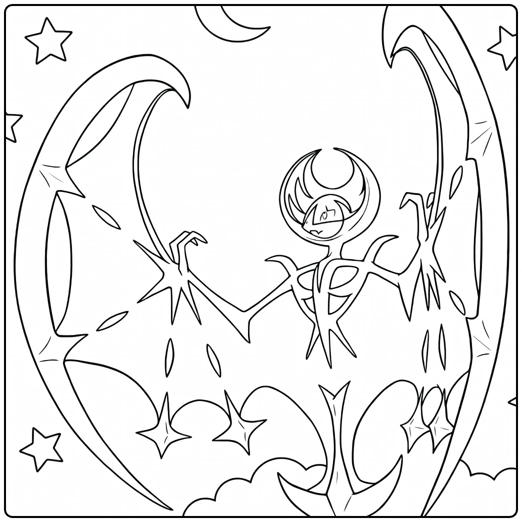 Pokemon Lunala kleurplaat met maan, sterren en vleugels