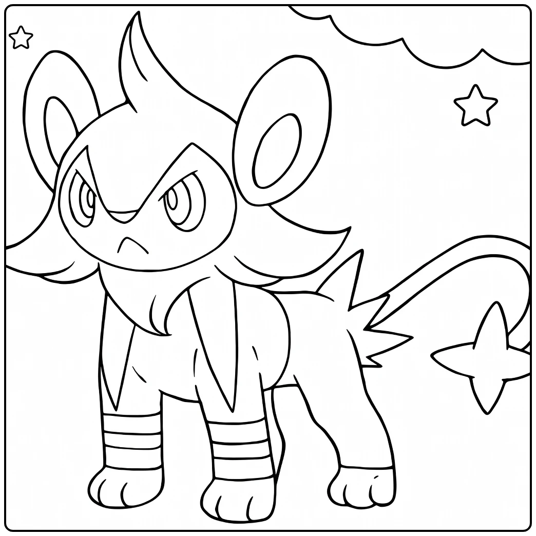 Pokemon Luxio kleurplaat met sterren wolken boze blik