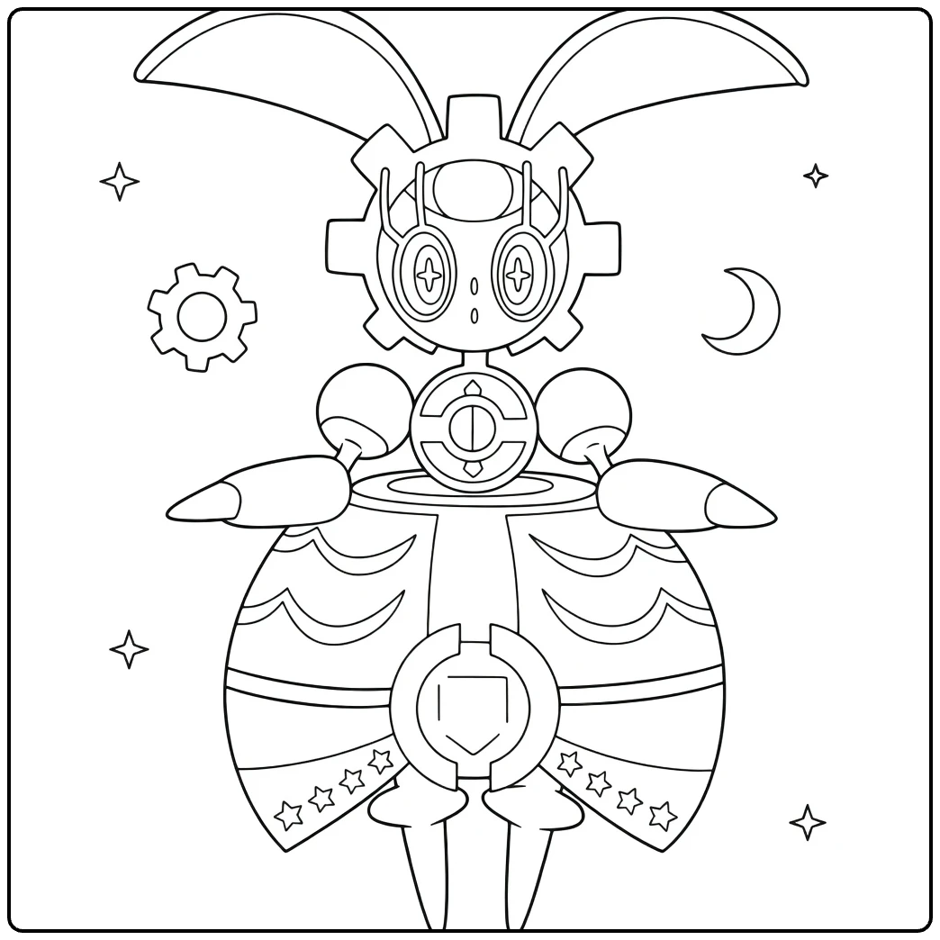 Pokemon Magearna kleurplaat met tandwielen en sterren