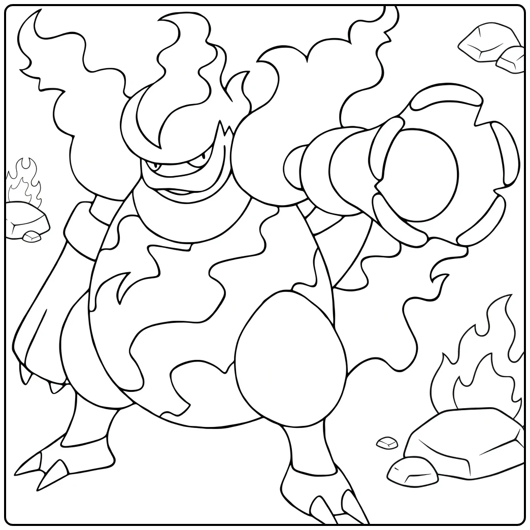 Pokemon Magmortar kleurplaat met vlammen en vuisten