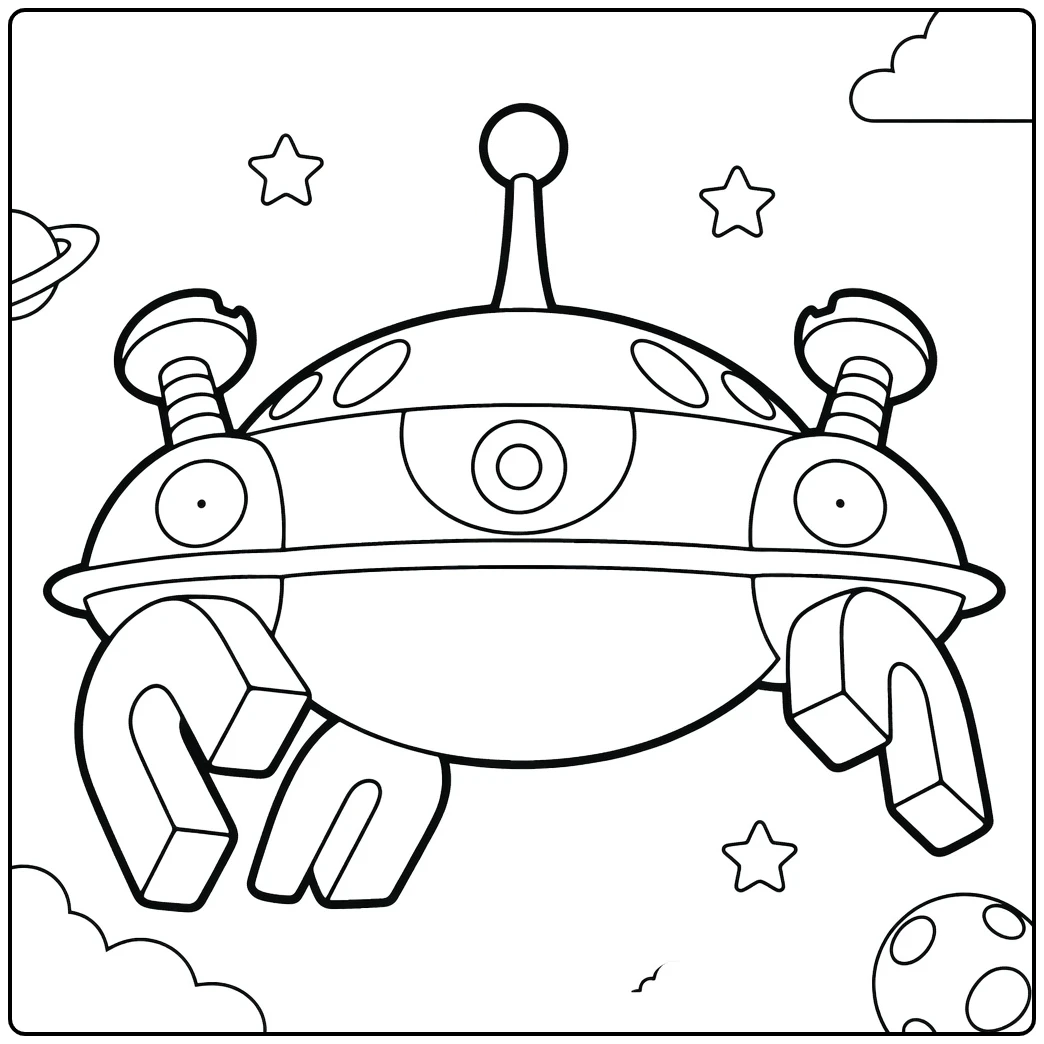 Pokemon Magnezone kleurplaat - UFO met magneten in ruimte