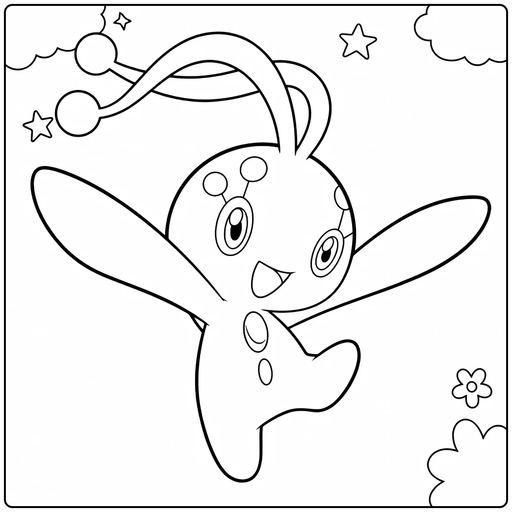 Pokemon Manaphy kleurplaat vliegend met sterren