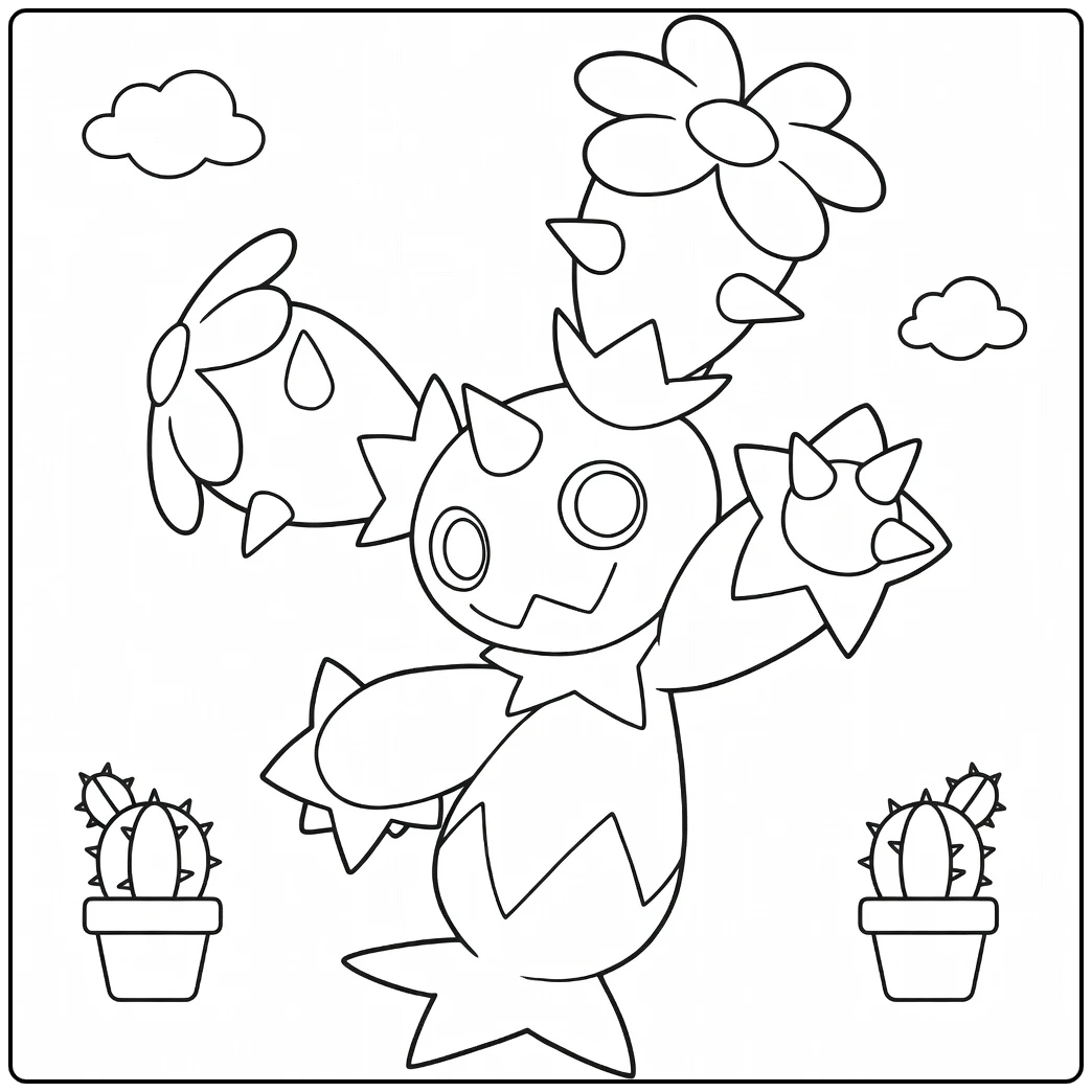 Pokemon Maractus kleurplaat: dansende cactus met bloemen