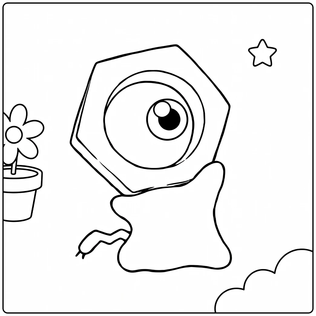 Pokemon Meltan kleurplaat met bloempot, ster en wolken