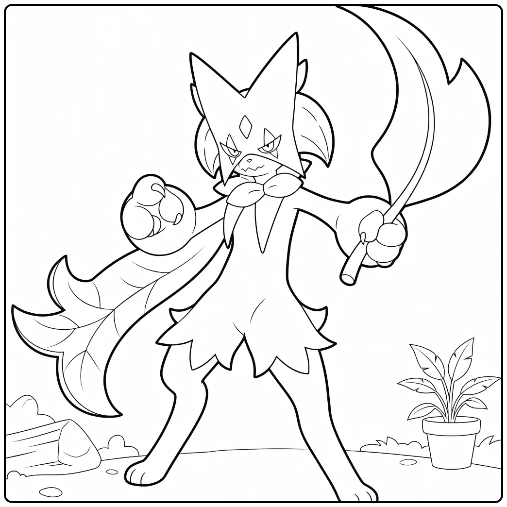 Pokemon Meowscarada kleurplaat in stoere pose met blad