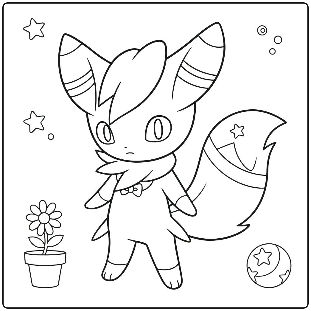 Pokemon Meowstic kleurplaat met bloem sterren maan