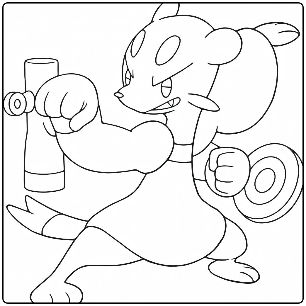 Pokemon Mienfoo kleurplaat: vechtpose met hamer en gong