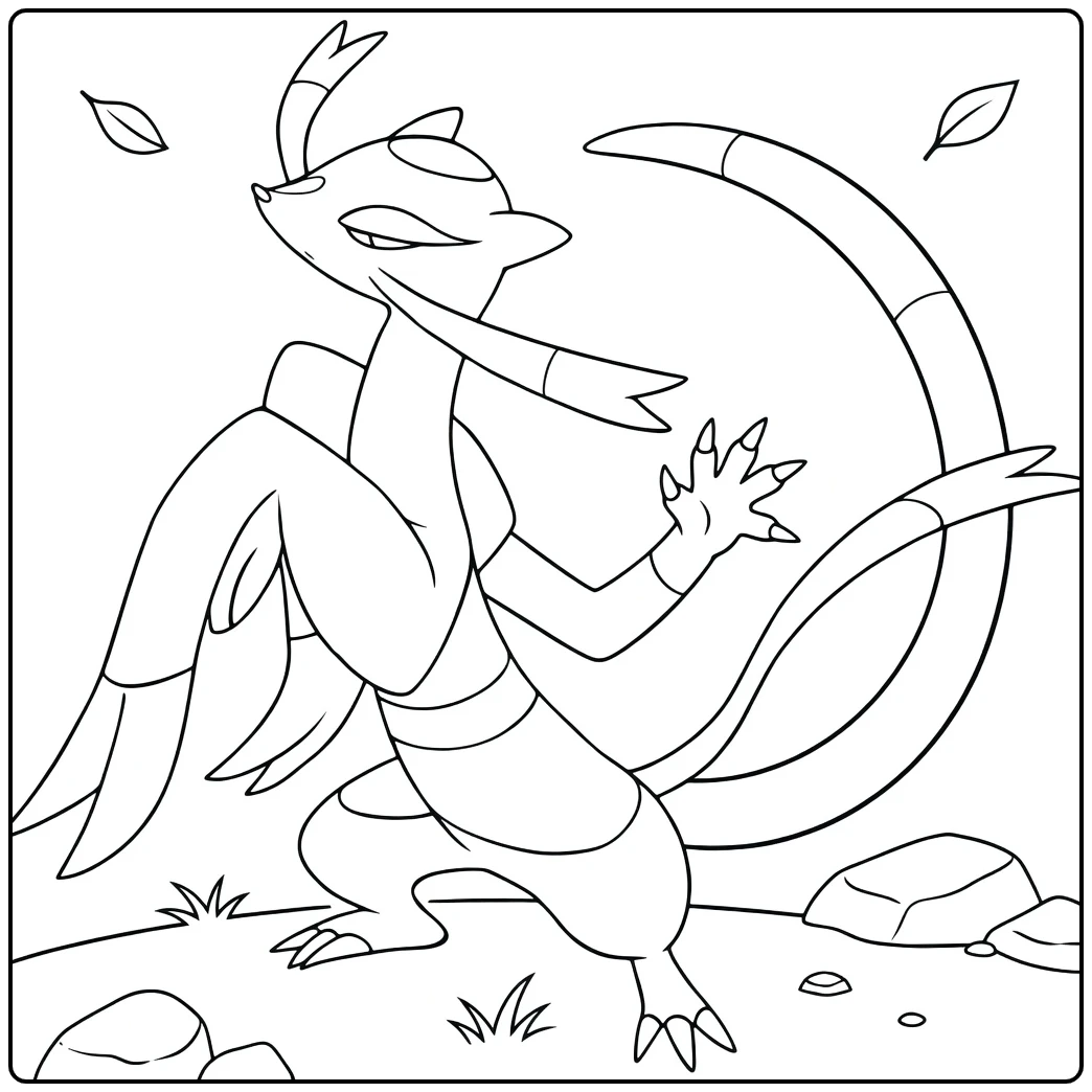 Pokemon Mienshao kleurplaat met vallende bladeren