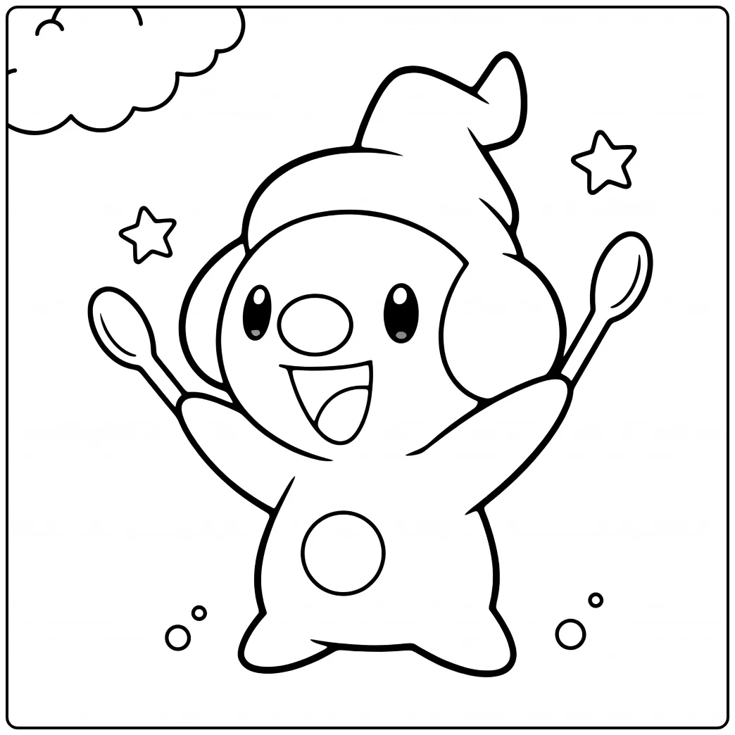 Pokemon Mime Jr. kleurplaat met koksmuts, lepels en sterren