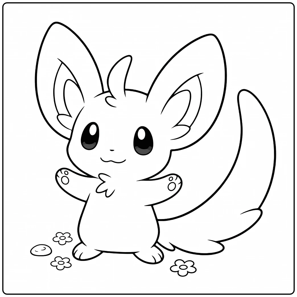 Pokemon Minccino kleurplaat schattig met armen wijd en bloemen