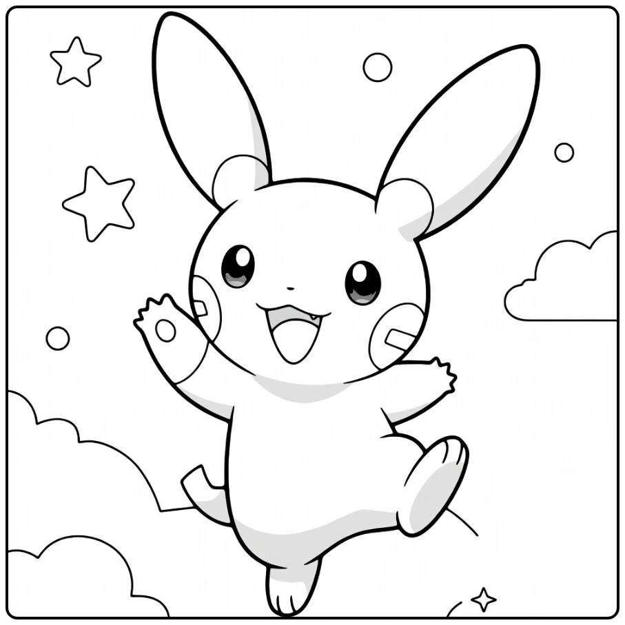 Pokemon Minun kleurplaat: blije Minun springt met sterren