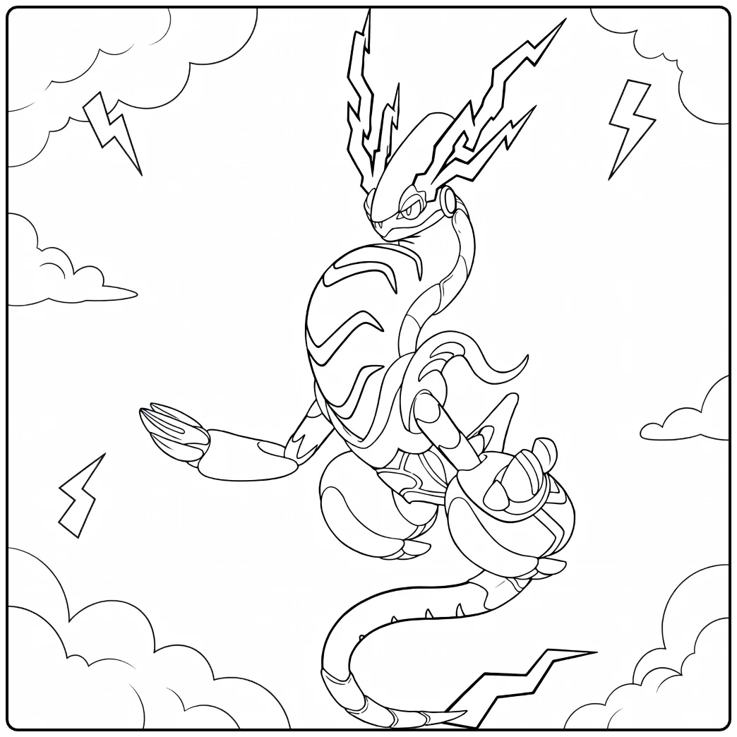 Pokemon Miraidon kleurplaat met bliksemwolken